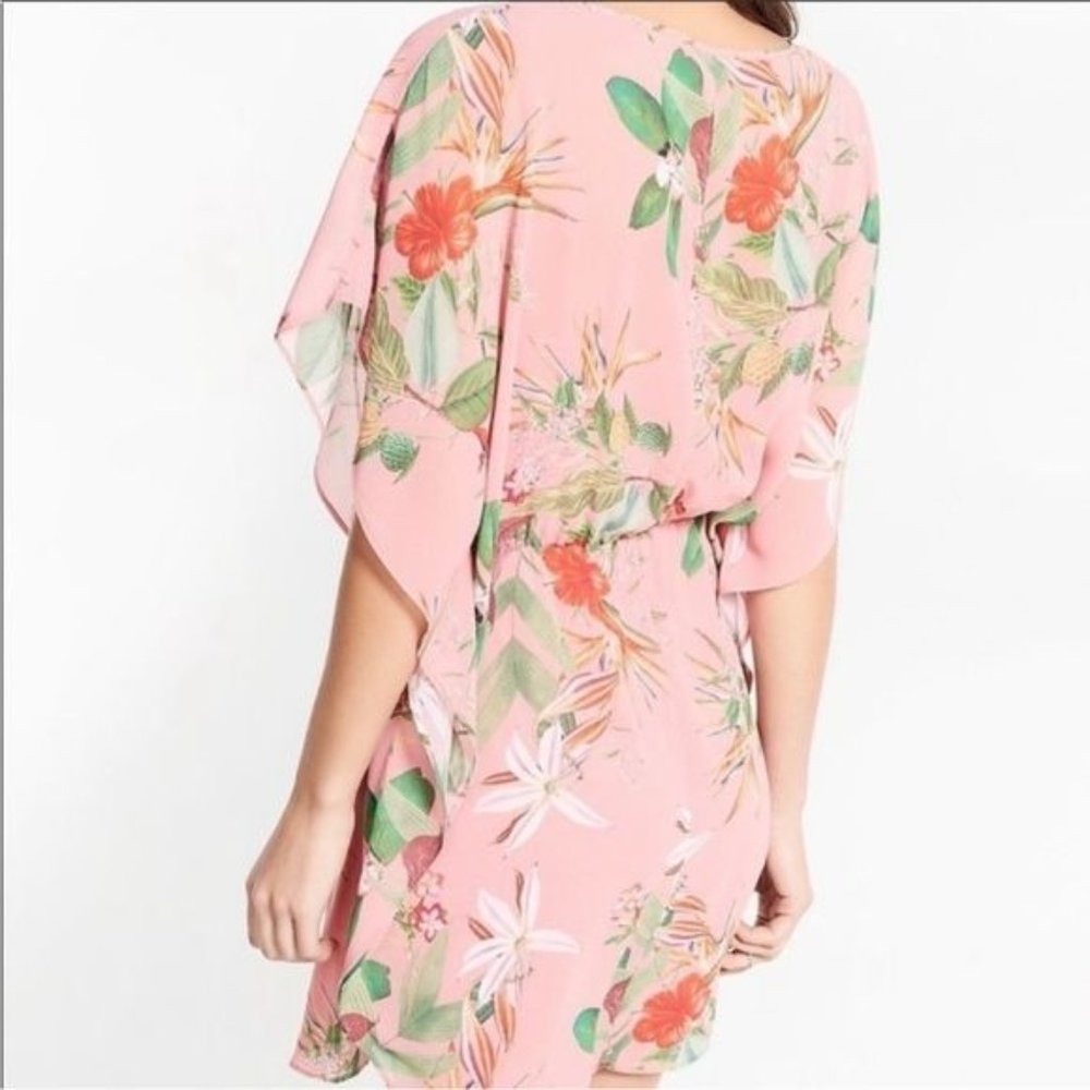 Express pink floral sheer chiffon cinched waist dress M - Picture 2 of 15